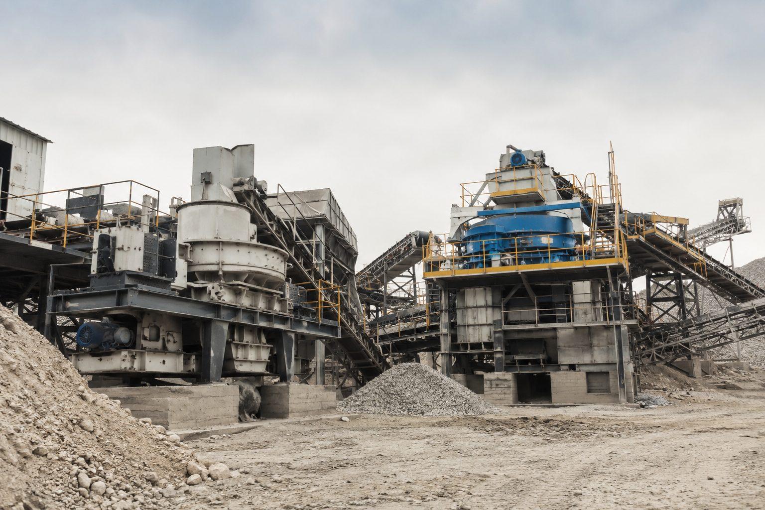Crushing circuit — vertical shaft impactor and screening tower linked by conveyors, stockpiles at the base
