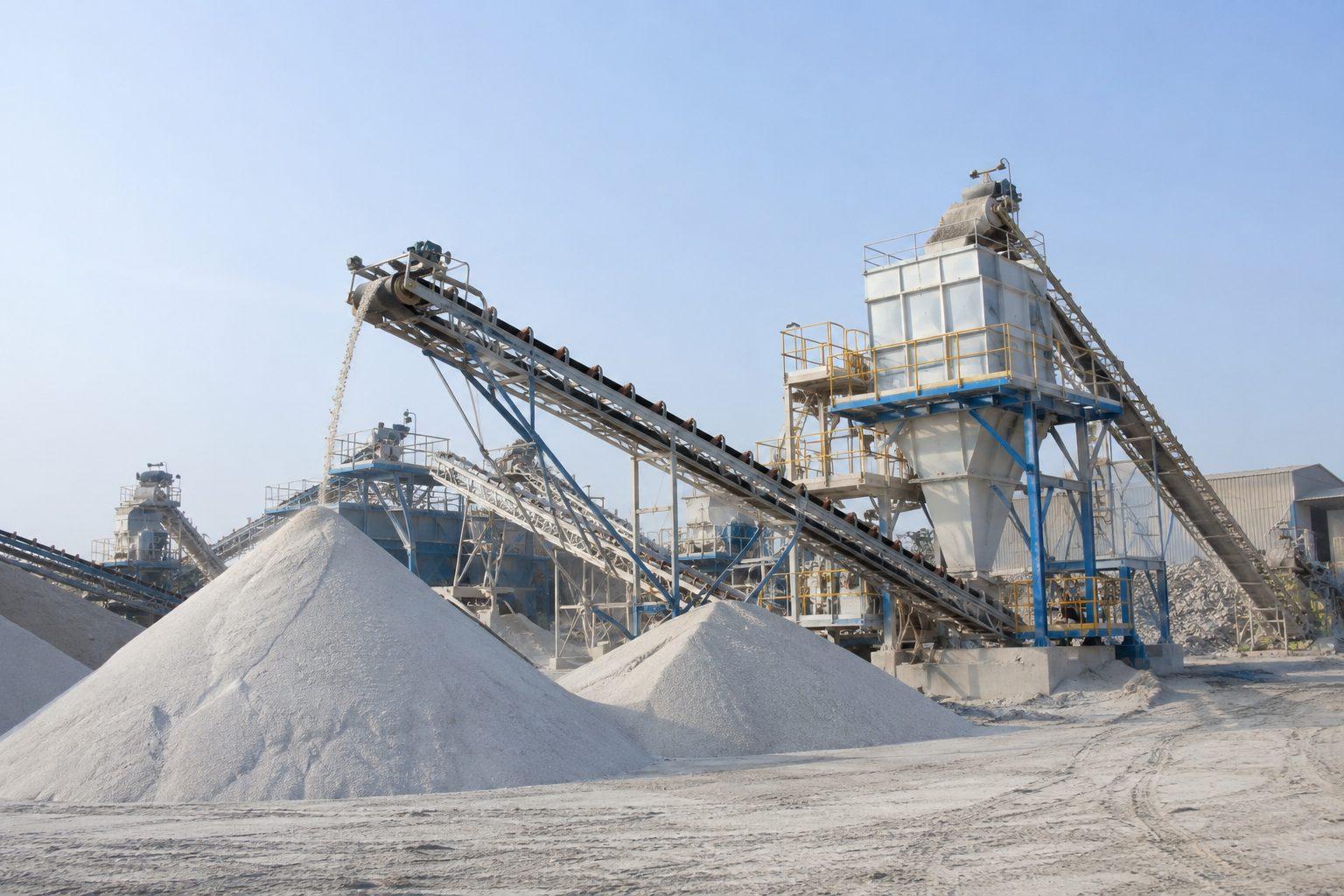Silica processing plant — inclined conveyors feeding a classifier tower, with graded white sand stockpiles in the foreground